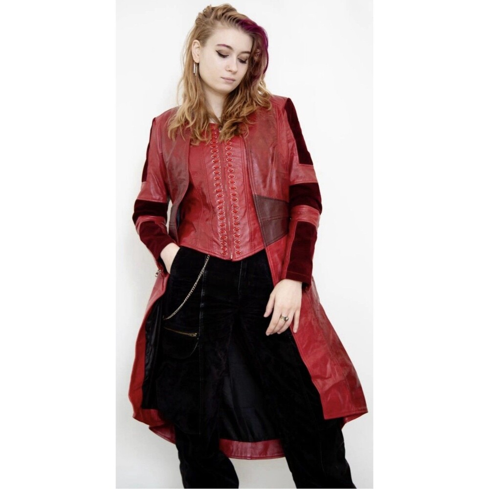 Luca Womens Red Leather Scarlet Witch Trench Coat Corset Cosplay Size L Flaw